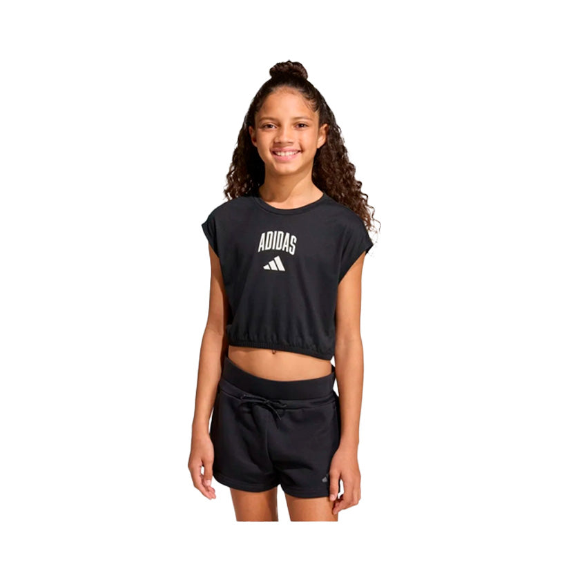 Playera crop top Adidas Jg Clgt Tee KC4590 para jóvenes de color negro de uso para entrenamiento con tecnología ClimaCool