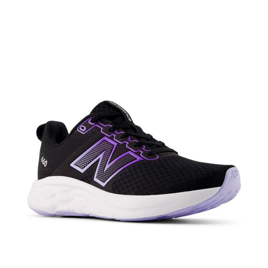 Tenis New Balance 460 W460946 en color negro con logo en morado para mujer están diseñados para correr