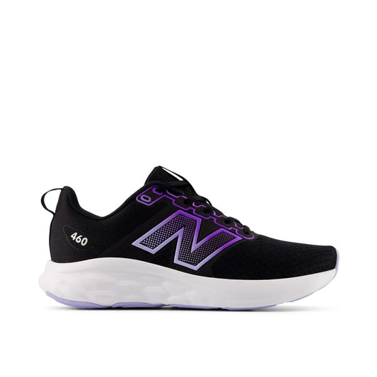 Tenis New Balance 460 W460946 en color negro con logo en morado para mujer están diseñados para correr