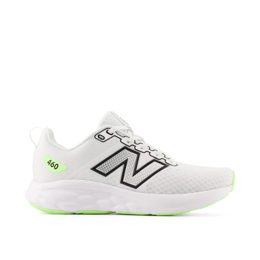 Tenis New Balance 460 W46097H en color blanco con logo en verde para mujer coorer running