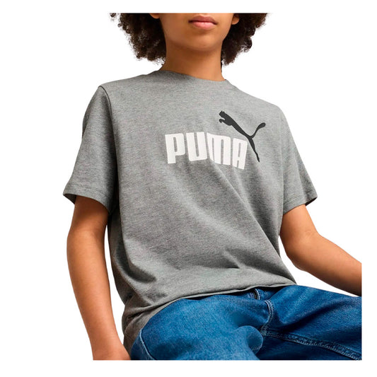 Playera Puma Ess 2 Color No.1 Logo Tee B para niño de color gris con logo en blanco de uso casual