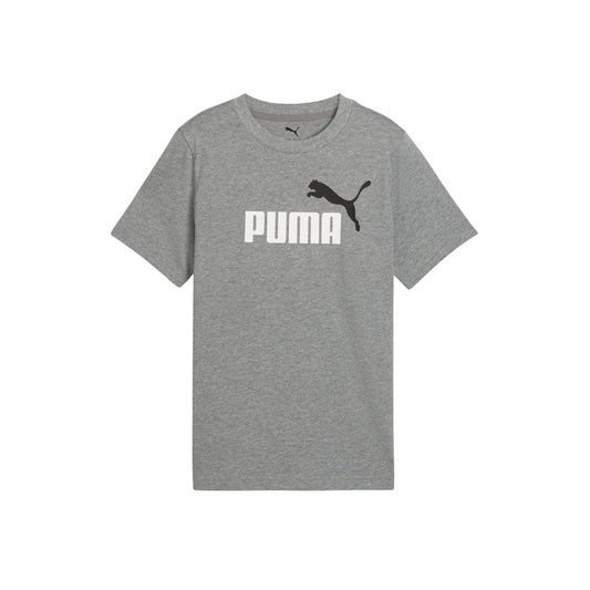 Playera Puma Ess 2 Color No.1 Logo Tee B para niño de color gris con logo en blanco de uso casual
