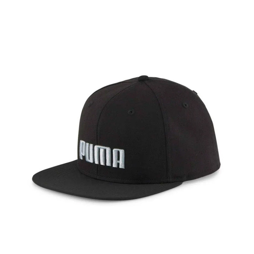 Gorra Puma Flatbrim Cap 024606 01 unisex de color negro con blanco de uso casual con visera plana