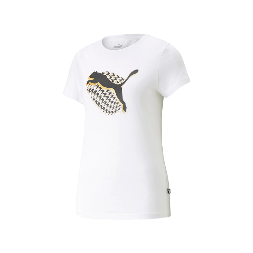 Playera Puma Graphics Houndstooth Tee 674454 02 de color blanco de uso casual