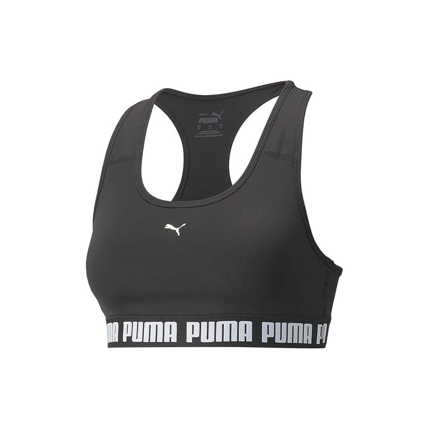 Top Puma Mid Impact Strong Bra 521598 01 para mujer de color negro con blanco de uso para entrenamiento