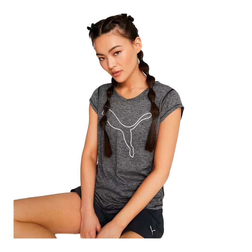Playera Puma Train Favorite Heather Cat Tee Off 522418 01 para mujer de color gris oscuro de uso para entrenamiento