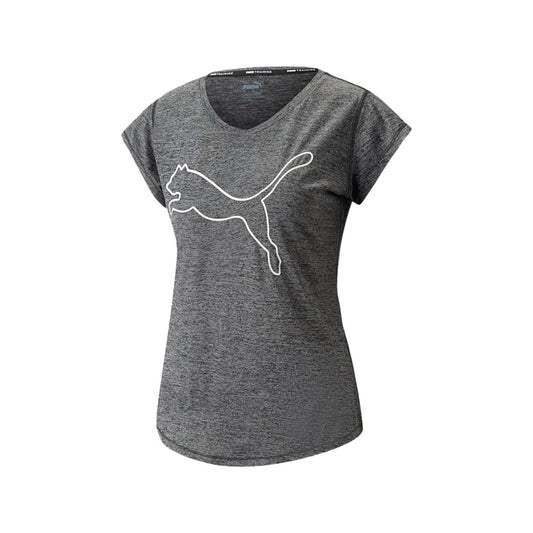Playera Puma Train Favorite Heather Cat Tee Off 522418 01 para mujer de color gris oscuro de uso para entrenamiento