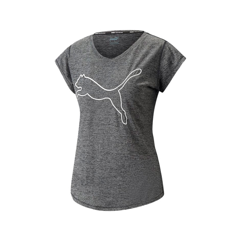 Playera Puma Train Favorite Heather Cat Tee Off 522418 01 para mujer de color gris oscuro de uso para entrenamiento