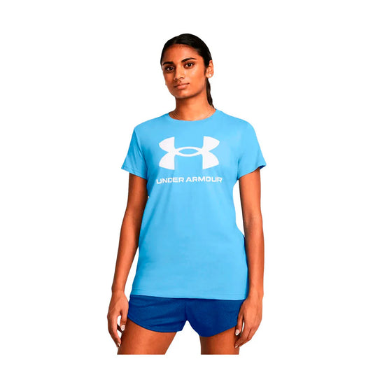 Playera Under Armour Logo SS 1356305-465 para mujer de color azul de uso para entrenamiento