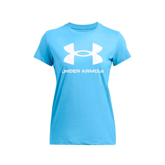 Playera Under Armour Logo SS 1356305-465 para mujer de color azul de uso para entrenamiento